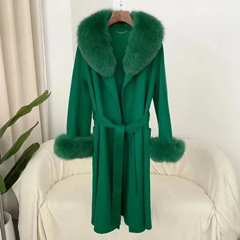 Dámský kabát Vlněný luxusní kabát s pravou liščí kožešinou Barva: Zelená, Velikost: S