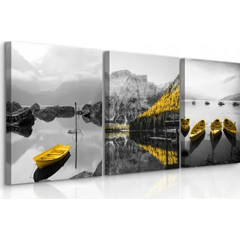 Obraz OBRAZY NA ZEĎ DO OBÝVÁKU SADA KRAJINA HORY JEZERO LES PŘÍRODA LODĚ 90x40