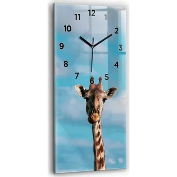 Hodiny Skleněné nástěnné hodiny do kanceláře s motivem hlavy žirafy na pozadí oblohy, 30x60 cm