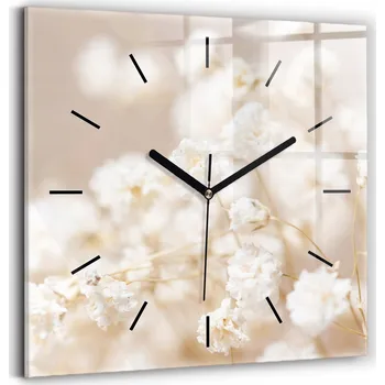 Hodiny Skleněné nástěnné hodiny s tvrzeným sklem, dekorativní, malé bílé květy, 30x30 cm