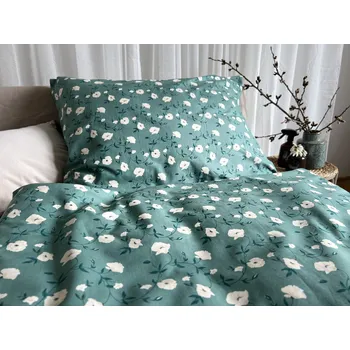 Povlečení Bavlněné povlečení béžové květiny na zelené - 140x220 + 70x90 cm (prodloužené)