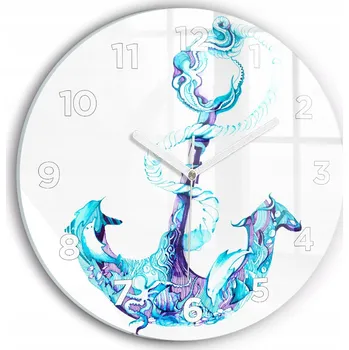 Hodiny Moderní skleněné nástěnné hodiny s potiskem Námořní kotva kulatý průměr 30 cm