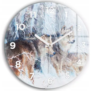 Hodiny Moderní skleněné nástěnné hodiny s potiskem Vlci v lese kulatý průměr 30 cm