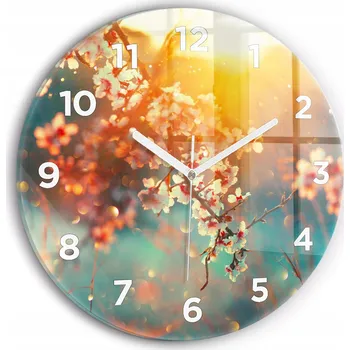 Hodiny Čtvercové Skleněné Nástěnné Hodiny do Kanceláře s Grafikou Jarní Květiny fi30 cm