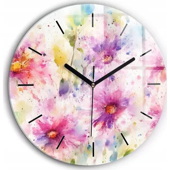 Hodiny Skleněné foto hodiny na zeď Květiny malované černé ručičky kulatý průměr 60 cm
