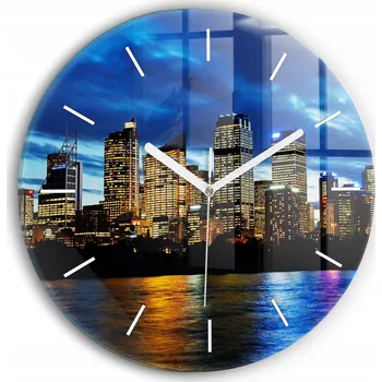 Hodiny Minimalistické Kulatý Skleněné Foto Hodiny na Zeď Sydney Večer průměr 30 cm