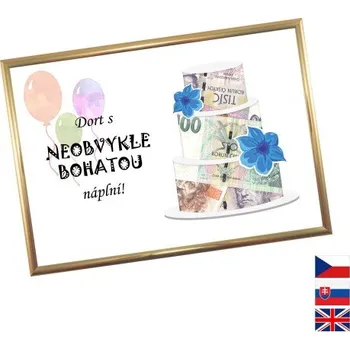 Žertovný předmět Rámeček na darování peněz - Narozeninový dort, Nápis česky, Rámeček 203 - zlatá metalická