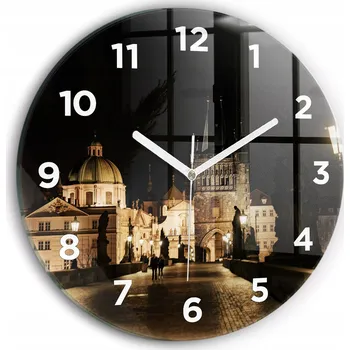 Hodiny Ozdobné nástěnné hodiny s krásnou grafikou Karlův most v Praze kulatý průměr 30 cm