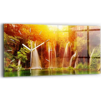 Hodiny Horizontální Skleněné Nástěnné Hodiny do Kanceláře s Motivem Vodopádu 60x30 cm