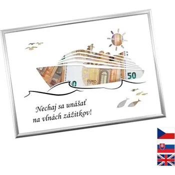 Žertovný předmět Rámeček na darování peněz - Dovolená - plavba lodí, Nápis slovensky, Rámeček 907 - stříbrná metalická