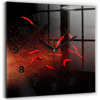 Hodiny Minimalistické Čtvercové Skleněné Nástěnné Hodiny Papričky chili 30x30 cm