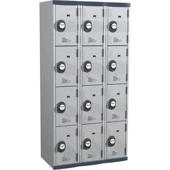 Svařovaná šatní skříň Acial, 3 sloupce, 12 boxů, 300 mm, kódový zámek, šedá/šedá