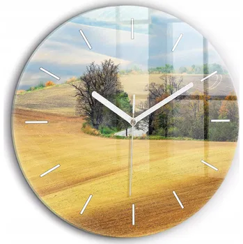 Hodiny Nástěnné čtvercové skleněné hodiny do kanceláře Morava, venkovská krajina, průměr 60 cm