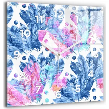 Hodiny Čtvercové skleněné nástěnné hodiny do kanceláře se vzorem Barevná pírka 60x60 cm