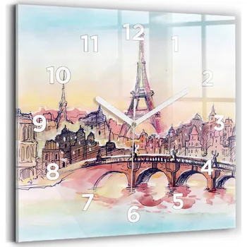 Hodiny Skleněné nástěnné hodiny do obýváku s malovaným motivem Paříže, 30x30 cm