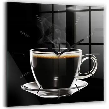 Hodiny Čtvercové Skleněné Nástěnné Hodiny se Stylovým Potiskem Černá káva 30x30 cm