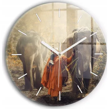 Hodiny Moderní skleněné hodiny s grafikou na zeď Mnich vedoucí slony průměr 30 cm