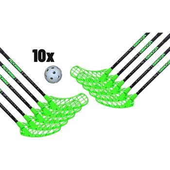Florbalová hůl FLOORBEE Douglas 32 Composite Black/Green + Balls Florbalová sada černá / zelená, 101cm (=111cm), 7x levá + 3x pravá, (18 a více let)
