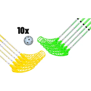 Florbalová hůl FLOORBEE Albatross 36 + 10 Balls Florbalová sada žlutá / zelená, 65cm (=75cm), 7x levá + 3x pravá, (6 - 8 let)