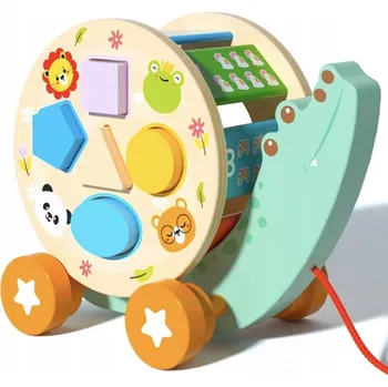 Dřevěná hračka DREWNIANY SORTER KROKODYL DO CIĄGANIA MLÝNEK NA KOLEČKÁCH TVARY ČÍSLICE