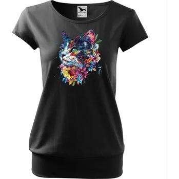 Dámské tričko NakupTextil Tričko City s potiskem - barevná kočka Barva: 01-černá, Velikost: 3XL