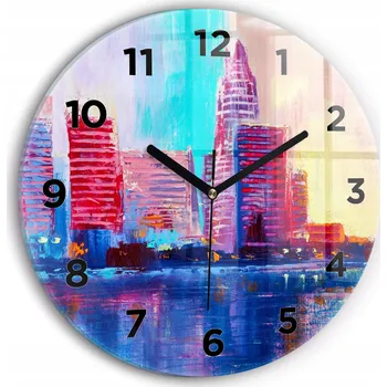 Hodiny Moderní skleněné nástěnné hodiny Abstrakce mrakodrapů kulatý průměr 30 cm