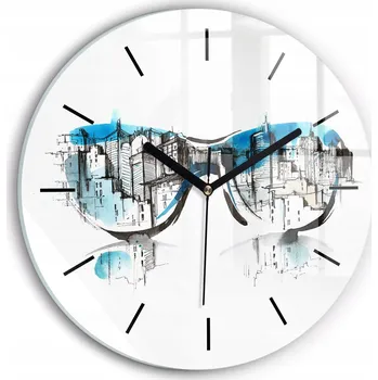 Hodiny Minimalistické Skleněné Nástěnné Hodiny s Grafikou Město v brýlích fi30 cm