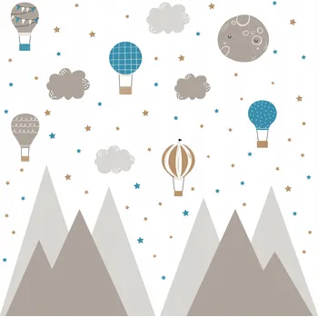 Obraz SADA NÁLEPEK PRO DĚTI NA ZEĎ HNĚDÉ HORY HVĚZDIČKY BALÓNKY