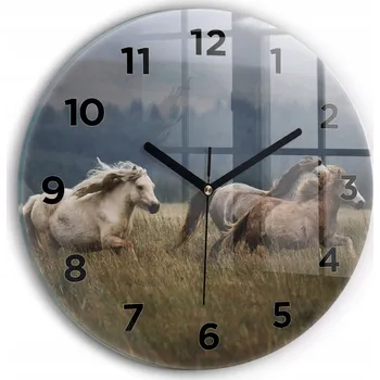 Hodiny Moderní skleněné hodiny s grafikou na zeď Cválající koně kulatý průměr 30 cm
