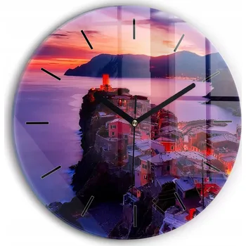 Hodiny Moderní skleněné nástěnné hodiny s potiskem Domy u jezera průměr 30 cm