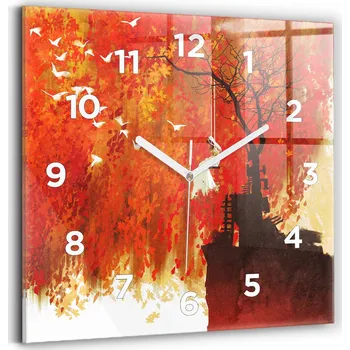 Hodiny Čtvercové Skleněné Nástěnné Hodiny S Potiskem Nevěsta na podzim 30x30 cm