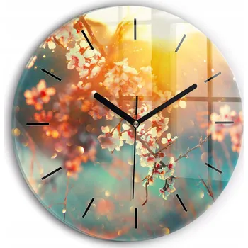 Hodiny Čtvercové Skleněné Nástěnné Hodiny do Kanceláře s Grafikou Jarní Květiny fi30 cm