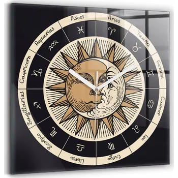 Hodiny Minimalistické skleněné nástěnné hodiny s grafikou Slunce a znamení zvěrokruhu 30x30 cm