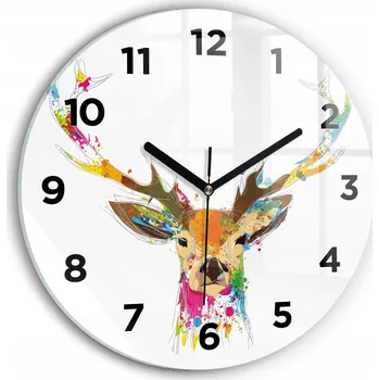 Hodiny Moderní skleněné nástěnné hodiny s potiskem Jelení hlava kulatý průměr 30 cm