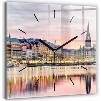 Hodiny Čtvercové Skleněné Foto Hodiny na Zeď Do Kanceláře Alster v Hamburku 30x30 cm