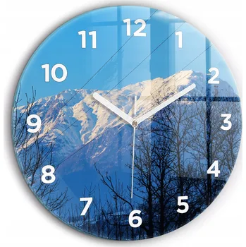 Hodiny Moderní skleněné foto hodiny na zeď Výhled na hory bílé ručičky průměr 60 cm