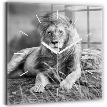 Hodiny Minimalistické Skleněné Nástěnné Hodiny s Grafikou Abstrakce - Lev 30x30 cm