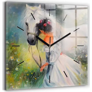 Hodiny Nástěnné čtvercové skleněné hodiny do obýváku Krásná žena s koněm 30x30 cm