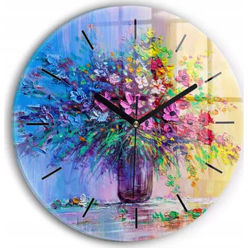 Hodiny Kulatý Skleněné Nástěnné Hodiny do Obýváku s Grafikou Květiny ve váze průměr 30 cm