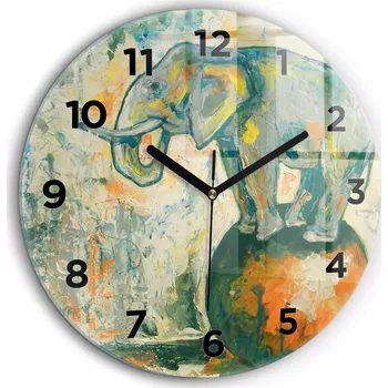 Hodiny Skleněné foto hodiny na zeď Malovaná postava slona černé ručičky průměr 60 cm