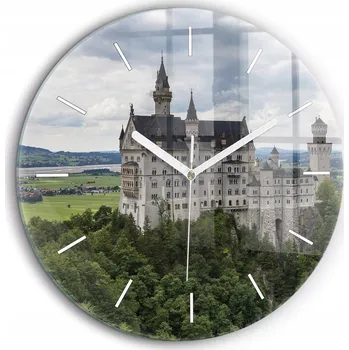 Hodiny Minimalistické Skleněné Foto Hodiny na Zeď Zámek Neuschwanstein průměr 60 cm