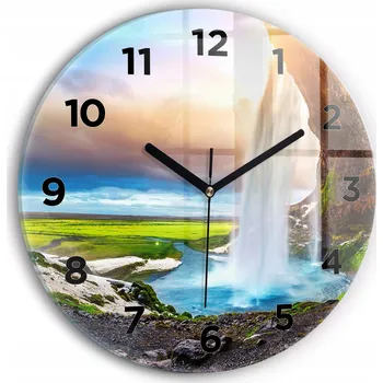 Hodiny Ozdobné nástěnné hodiny s krásnou grafikou Vodopád na Islandu kulatý průměr 30 cm