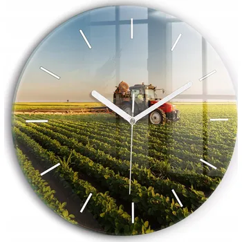 Hodiny Skleněné foto hodiny na zeď Traktor na zemědělském poli kulatý průměr 30 cm