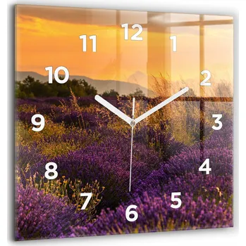 Hodiny Nástěnné čtvercové skleněné hodiny s motivem Levandulová louka Francie 60x60 cm