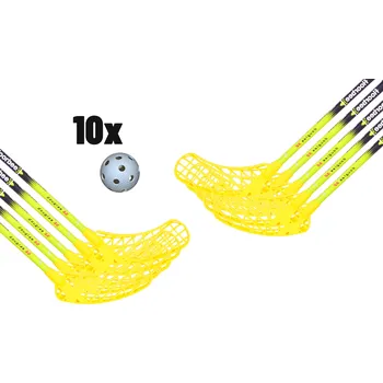 Florbalová hůl FLOORBEE Douglas 32 Yellow + Balls Florbalová sada žlutá / černá, 100cm (=110cm), 5x levá + 5x pravá, (15 a více let)