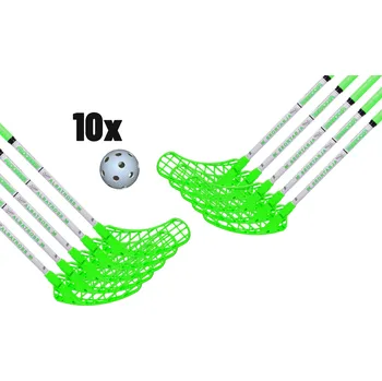 Florbalová hůl FLOORBEE Albatross 36 Composite White/Green + Balls Florbalová sada bílá / zelená, 65cm (=75cm), 5x levá + 5x pravá, (6 - 8 let)