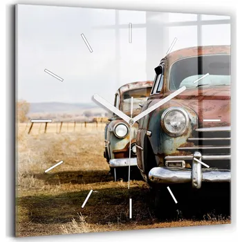 Hodiny Čtvercové Skleněné Hodiny Minimalistické Nástěnné Stará auta 30x30 cm
