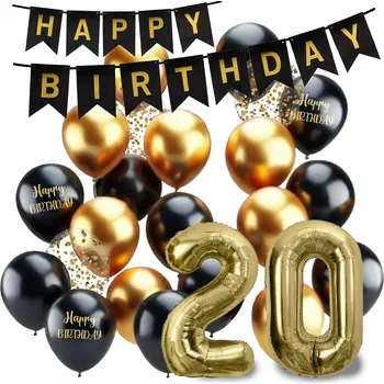 Balónek BALÓNKY k narozeninám SADA 20 LET černé zlaté banner