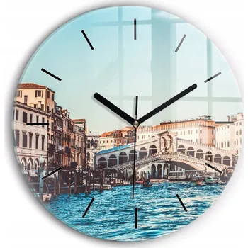 Hodiny Moderní skleněné nástěnné hodiny s potiskem Most Rialto v Benátkách průměr 30 cm
