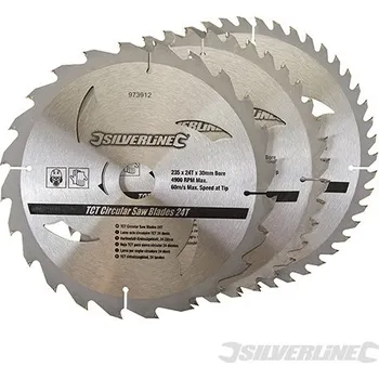 Pilový kotouč Silverline | Karbidové řezné kotouče pro okružní pilu - 20, 24, 48 zubů, 3 kusy - 235 x 30 - 25, 16mm rings 973912